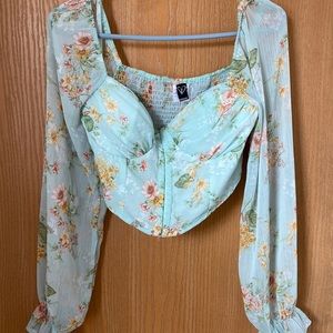 Teal/mint green floral corset crop top with long sleeves